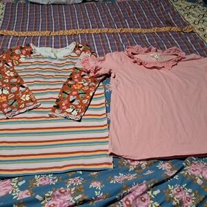 Striped Long Sleeve Top with Floral Raglan Sleeves & Pink Lace-Trim Tee